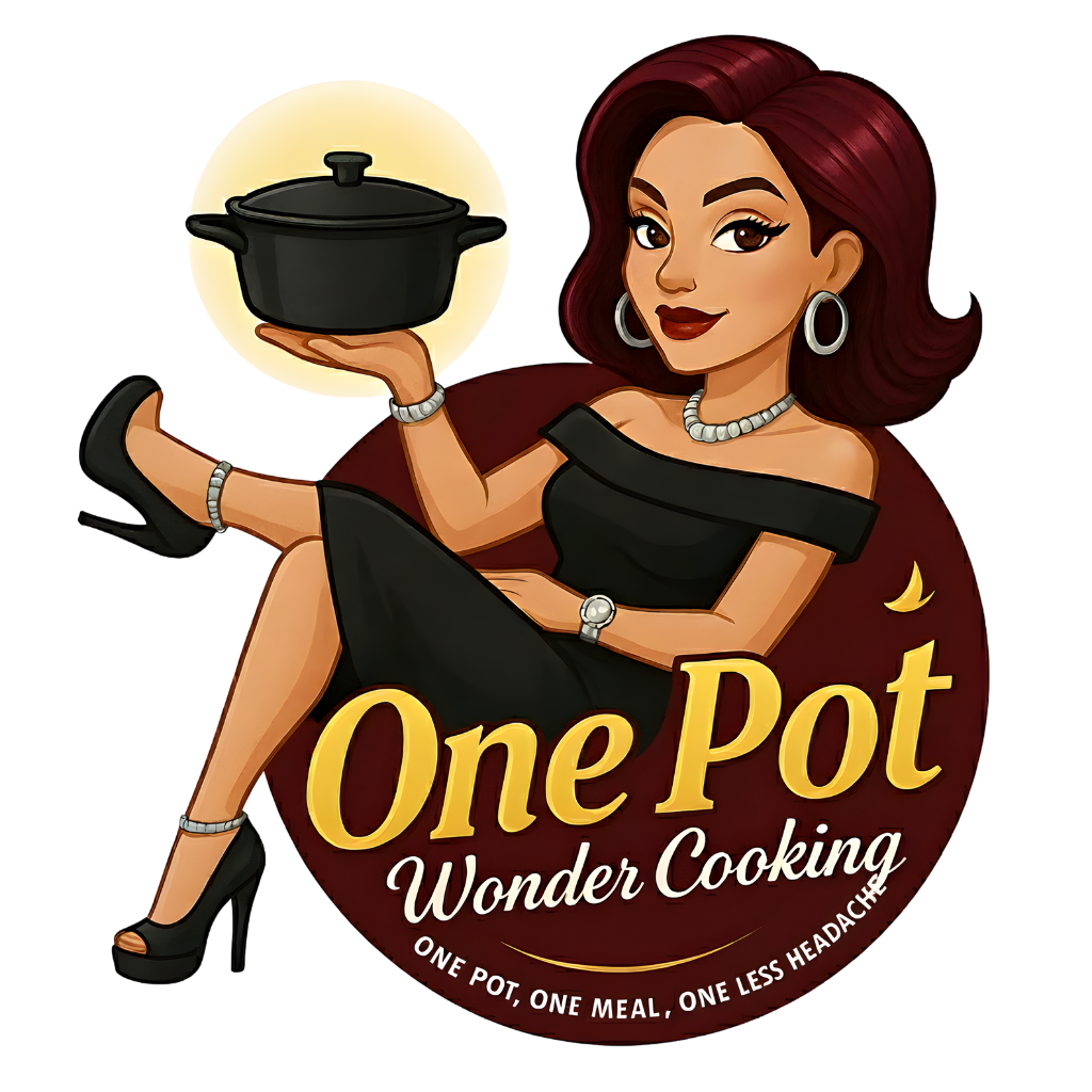 One Pot Wonder Cooking logo — retro-style illustrated woman holding a black cooking pot, maroon circular background; tagline “ONE POT, ONE MEAL, ONE LESS HEADACHE” — family-friendly one-pot recipes, quick weeknight dinners, and approachable gourmet cooking.